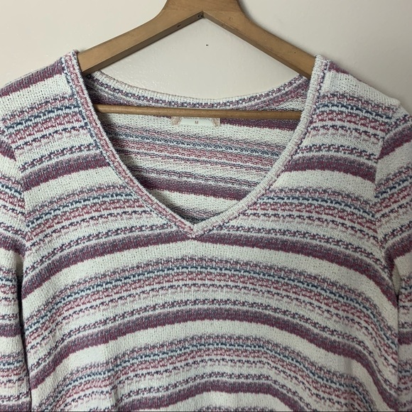 [Altar'd State] Knit Boho Striped Lace Hem Long Sleeve V-neck Sweater Top - Picture 2 of 7